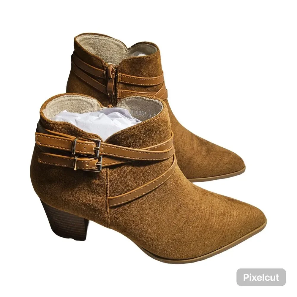 Allegra K Women's Strappy Pointed Toe Buckle Chunky Heel Ankle Booties Size 7